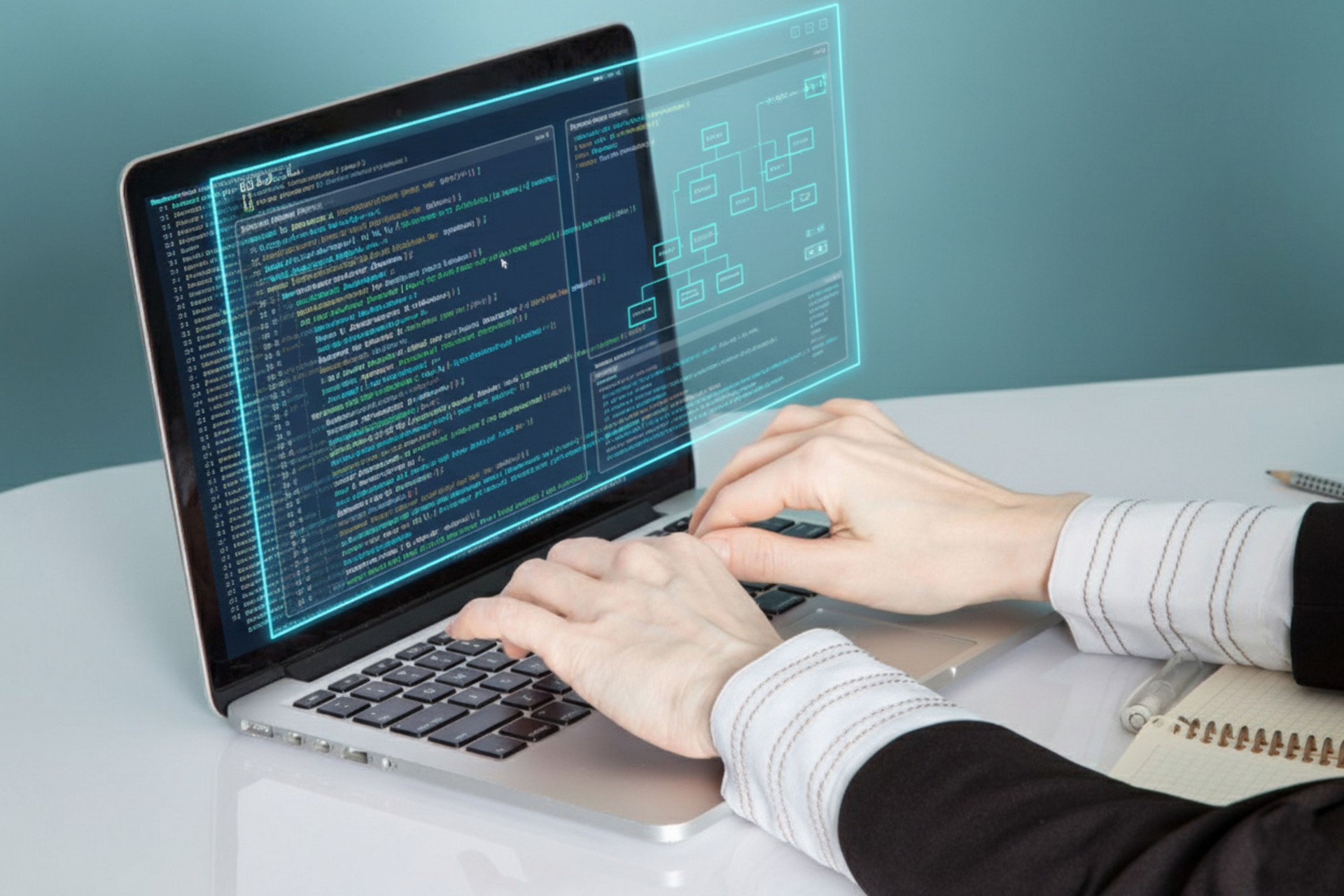 Programmer Typing Code with Holographic Display of Software Development and System Flowchart